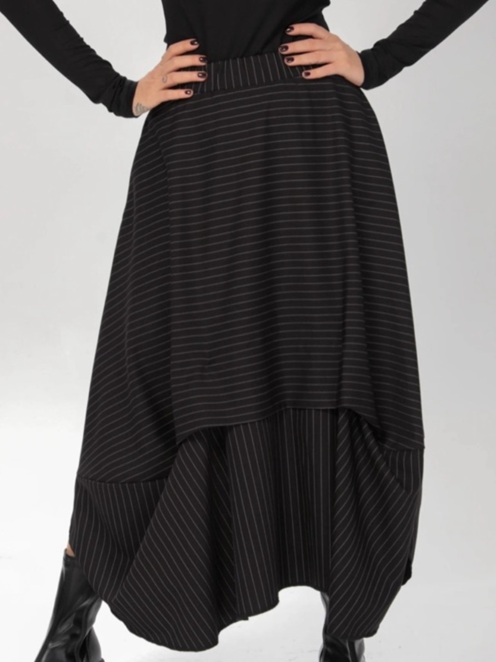 Women's Black Pinstripe High-Low Midi Skirt